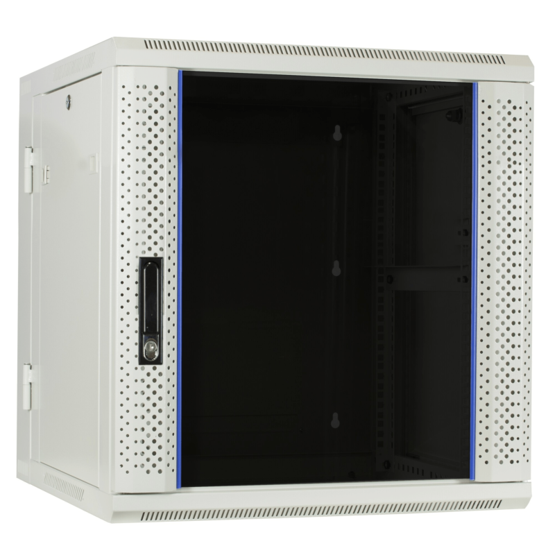 Armario de pared blanco de 12U (inclinable) con puerta de cristal de 600x600x635 mm (ancho x profundidad x alto).
