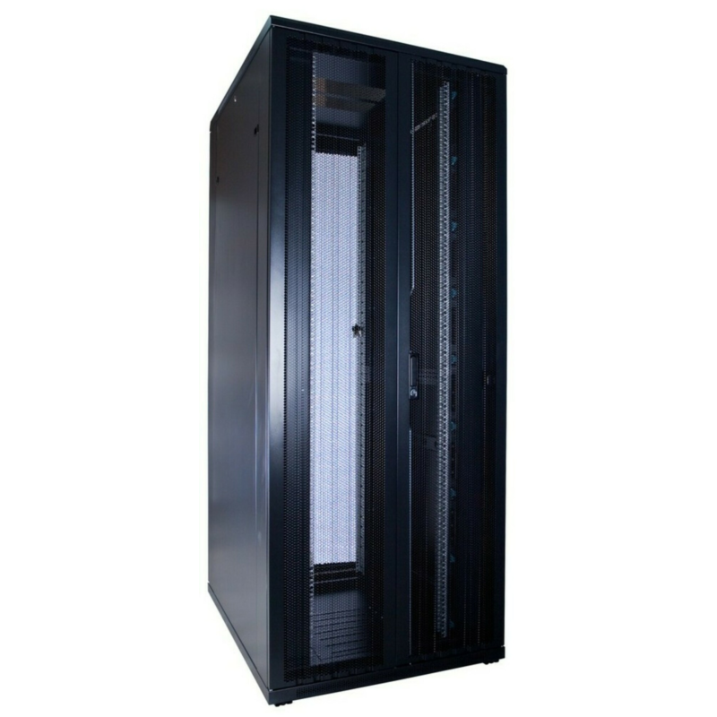 Armario para servidores de 42U con puertas frontales y traseras doblemente perforadas de 800x1000x2000 mm (Ancho x Profundidad x Alto).