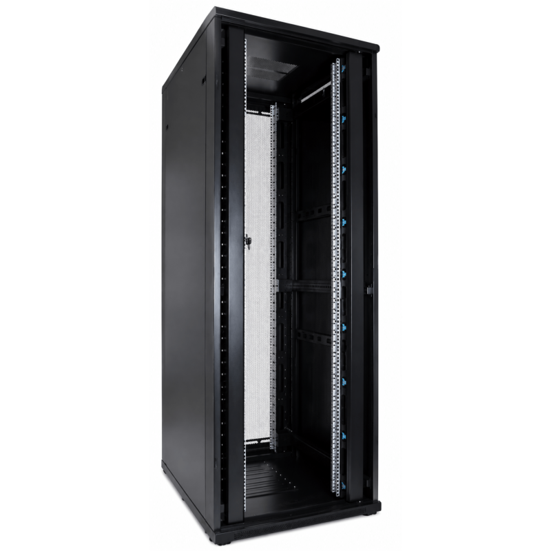 Armario para servidores de 47U con puertas frontales y traseras doblemente perforadas de 800x800x2200 mm (ancho x profundidad x alto).