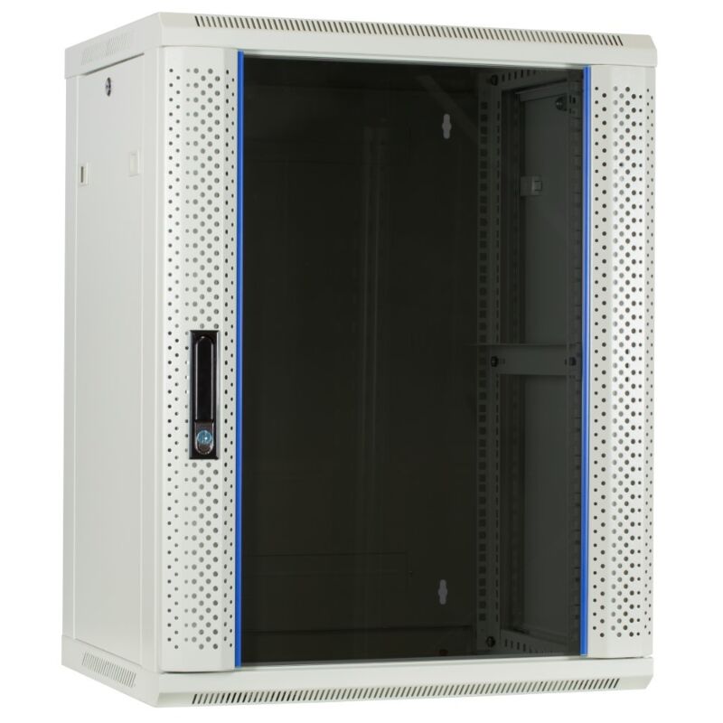 Armario de pared blanco de 15U con puerta de cristal, 600x450x770 mm (ancho x profundidad x alto)