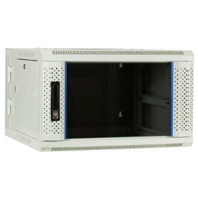 Armario de pared blanco de 6U (inclinable) con puerta de cristal de 600x600x368 mm (ancho x profundidad x alto).