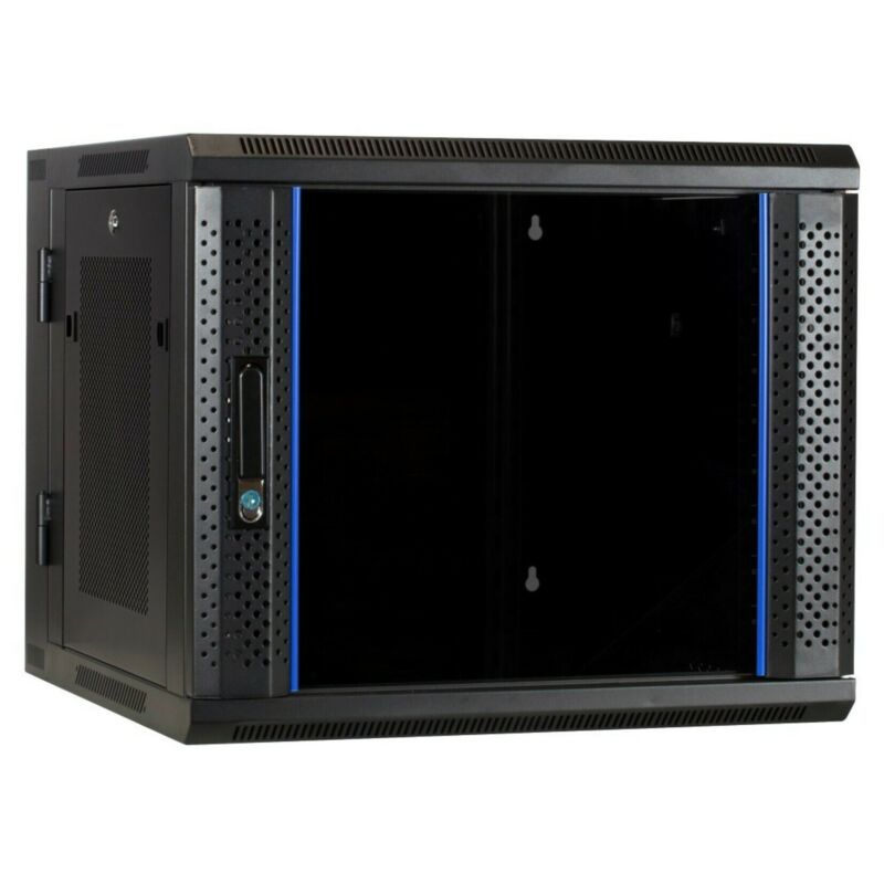 Armario de pared de 9U (inclinable) con puerta de cristal y paneles laterales perforados de 600x600x500 mm (ancho x profundidad x alto).