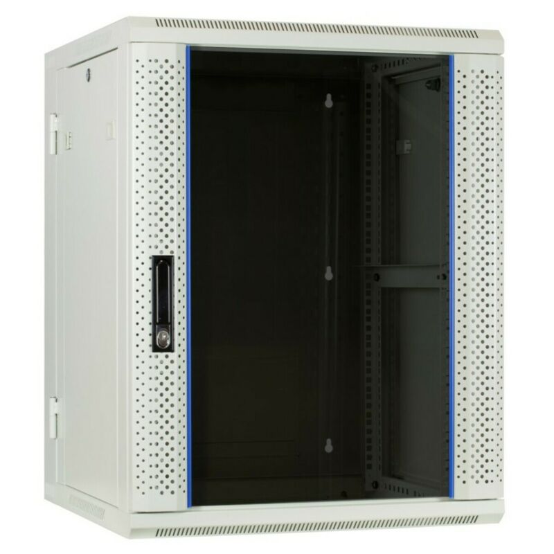 Armario de pared blanco de 15U (inclinable) con puerta de cristal de 600x600x770 mm (ancho x profundidad x alto).