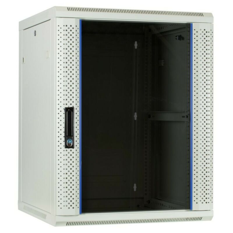 Armario de pared blanco de 15U con puerta de cristal de 600x600x770 mm (ancho x profundidad x alto)