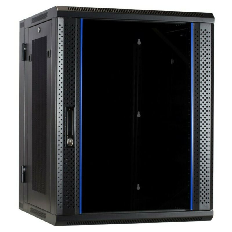 Armario de pared de 15U (inclinable) con puerta de cristal y paneles laterales perforados de 600x600x770 mm (ancho x profundidad x alto).