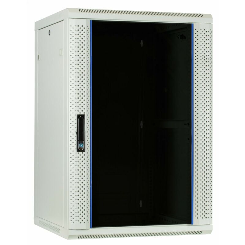 Armario de pared blanco de 18U con puerta de cristal de 600x600x900 mm (ancho x profundidad x alto)