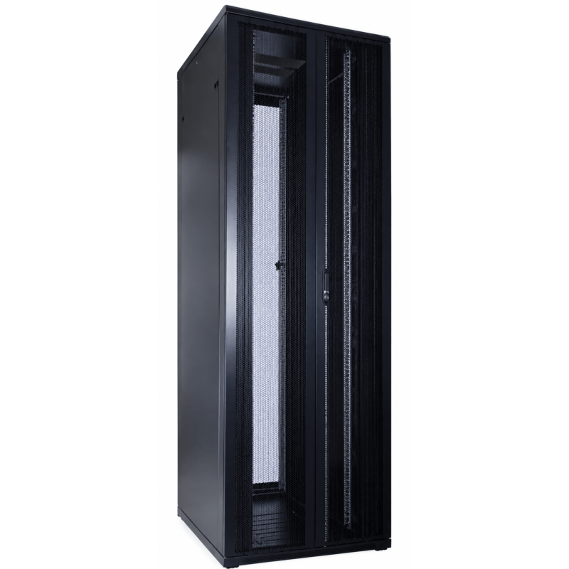Armario para servidores de 47U con puertas frontales y traseras doblemente perforadas de 600x800x2200 mm (ancho x profundidad x alto).