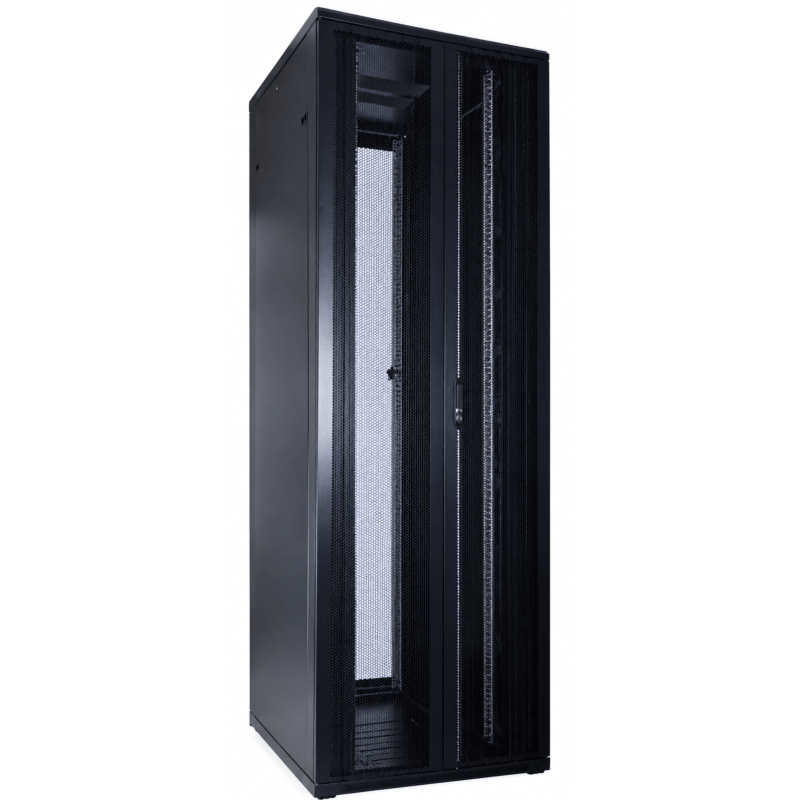 Armario para servidores de 47U con puertas frontales y traseras doblemente perforadas de 800x1200x2200 mm (ancho x profundidad x alto).