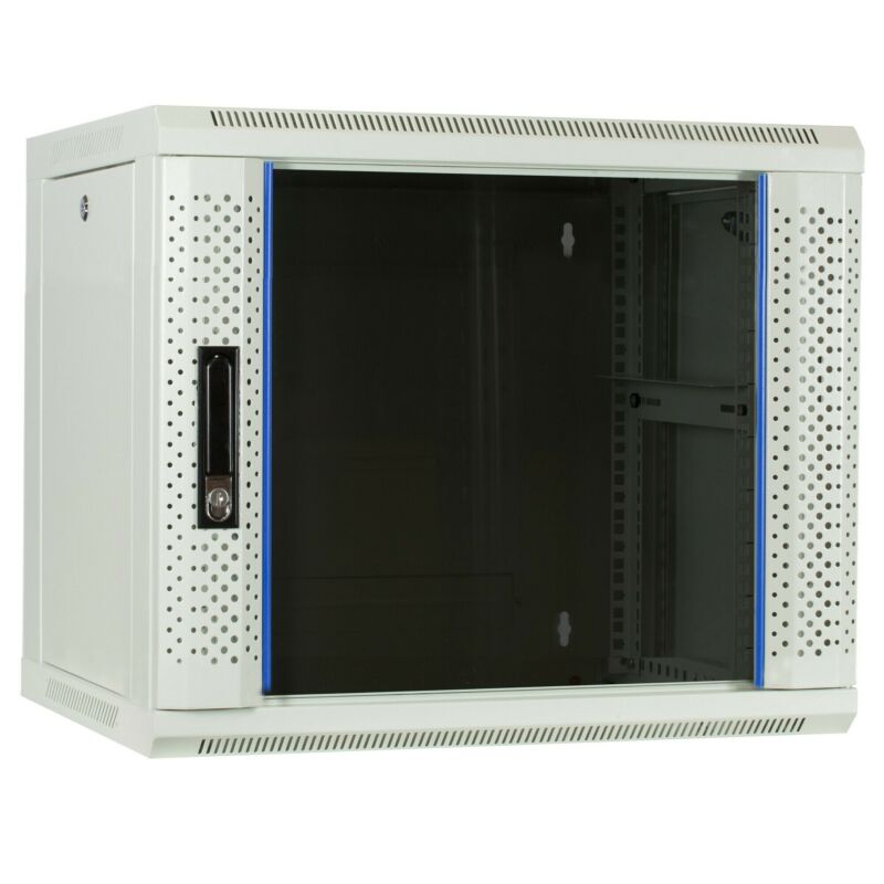 Armario de pared blanco de 9U con puerta de cristal de 600x450x500 mm (ancho x profundidad x alto)