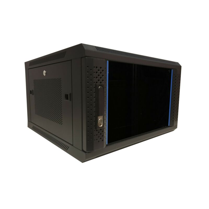 Armario de pared 6U con puerta de cristal y paneles laterales perforados de 600x600x368 mm (ancho x profundidad x alto).