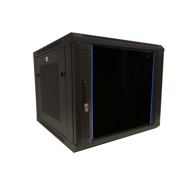 Armario de pared de 9U con puerta de cristal y paneles laterales perforados de 600x600x500 mm (ancho x profundidad x alto).