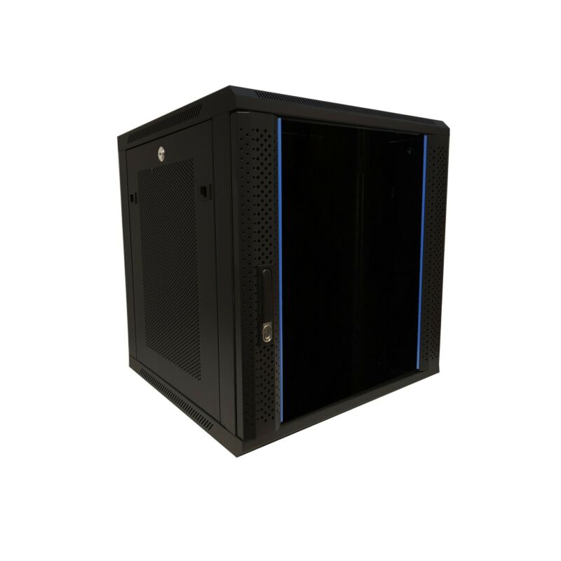Armario de pared de 12U con puerta de cristal y paneles laterales perforados de 600x600x635 mm (ancho x profundidad x alto).