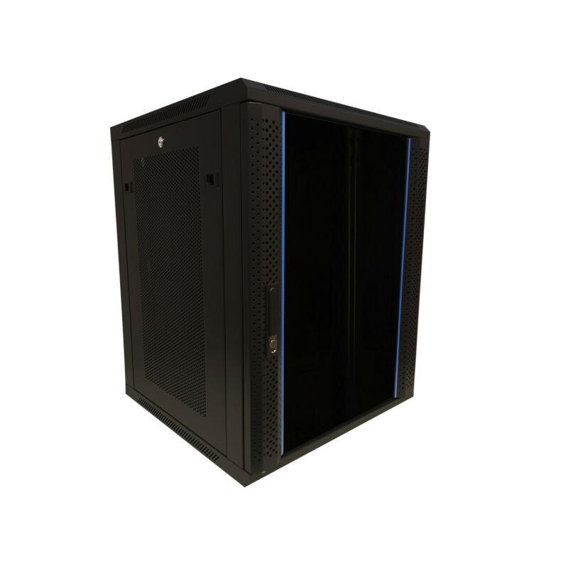 Armario de pared de 15U con puerta de cristal y paneles laterales perforados de 600x600x770 mm (ancho x profundidad x alto).