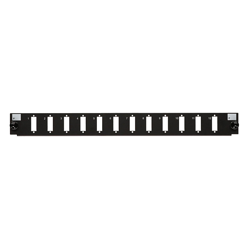 Conector frontal LC/SC de 12 puertos, negro, cuádruple/dúplex, apto para bandeja de fibra universal.