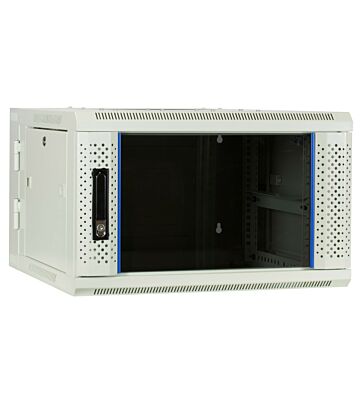 Armario de pared blanco de 6U (inclinable) con puerta de cristal de 600x600x368 mm (ancho x profundidad x alto).