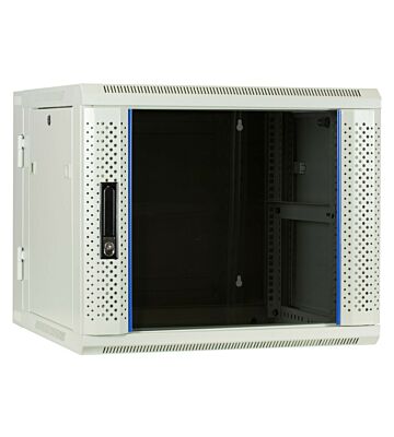 Armario de pared blanco de 9U (inclinable) con puerta de cristal de 600x600x500 mm (ancho x profundidad x alto).