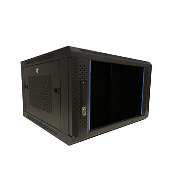 Armario de pared 6U con puerta de cristal y paneles laterales perforados de 600x600x368 mm (ancho x profundidad x alto).