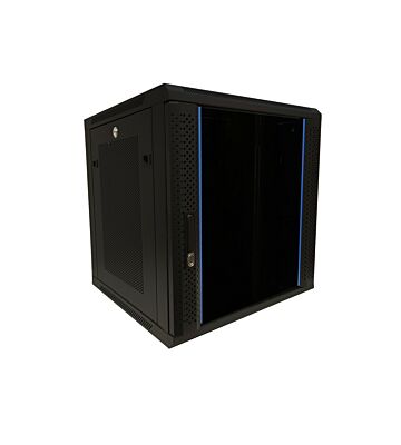 Armario de pared de 12U con puerta de cristal y paneles laterales perforados de 600x600x635 mm (ancho x profundidad x alto).